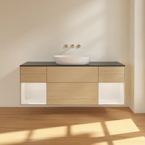 Bild von VILLEROY BOCH Finion Waschbeckenunterschrank, mit Beleuchtung, 4 Auszüge, 1600 x 603 x 501 mm, Oak Veneer / Glossy White Lacquer / Glass Black Matt #GD02GFPC