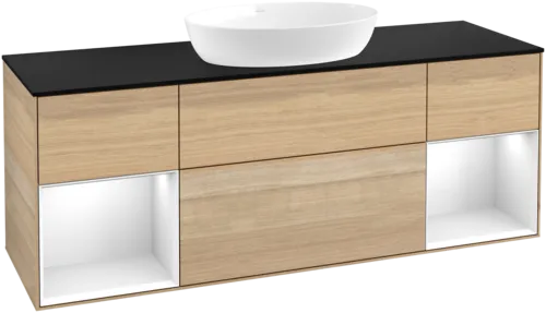 Picture of VILLEROY BOCH Finion Vanity unit, with lighting, 4 pull-out compartments, 1600 x 603 x 501 mm, Oak Veneer / Glossy White Lacquer / Glass Black Matt #GD02GFPC