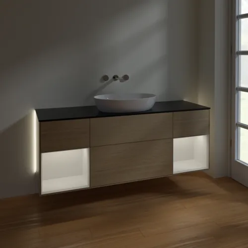 Bild von VILLEROY BOCH Finion Waschbeckenunterschrank, mit Beleuchtung, 4 Auszüge, 1600 x 603 x 501 mm, Oak Veneer / Glossy White Lacquer / Glass Black Matt #GD02GFPC