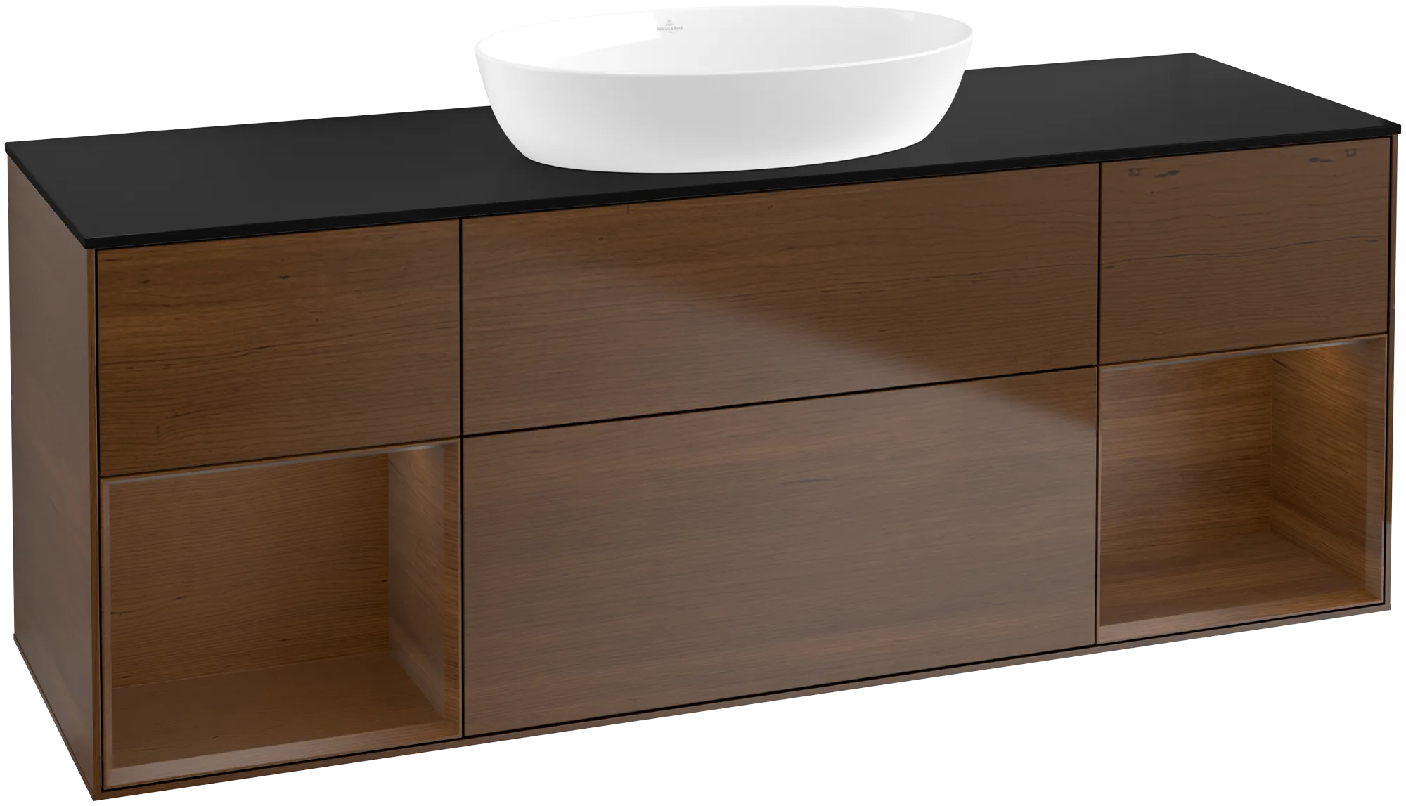 Picture of VILLEROY BOCH Finion Vanity unit, with lighting, 4 pull-out compartments, 1600 x 603 x 501 mm, Walnut Veneer / Walnut Veneer / Glass Black Matt #GD02GNGN
