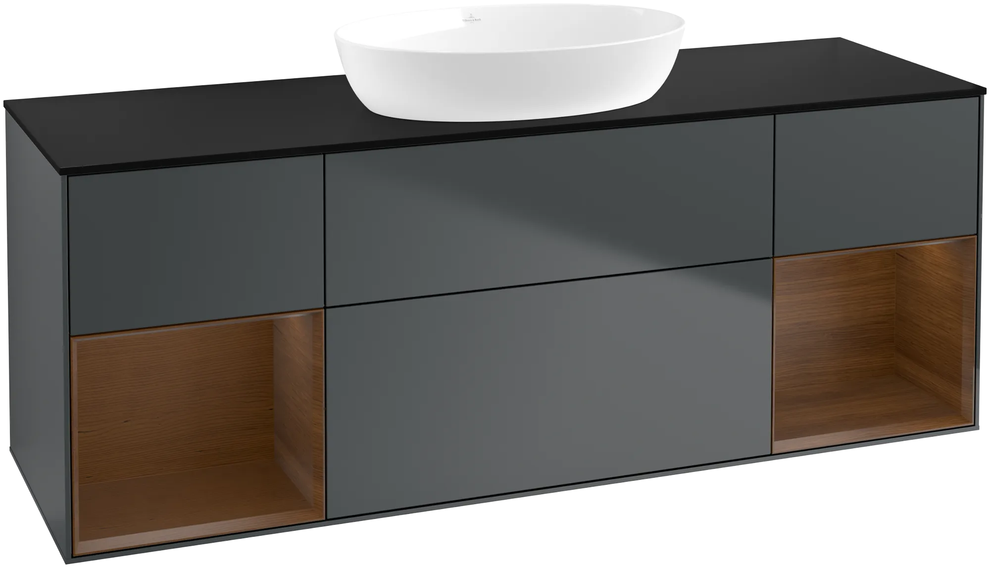 Picture of VILLEROY BOCH Finion Vanity unit, with lighting, 4 pull-out compartments, 1600 x 603 x 501 mm, Midnight Blue Matt Lacquer / Walnut Veneer / Glass Black Matt #GD02GNHG