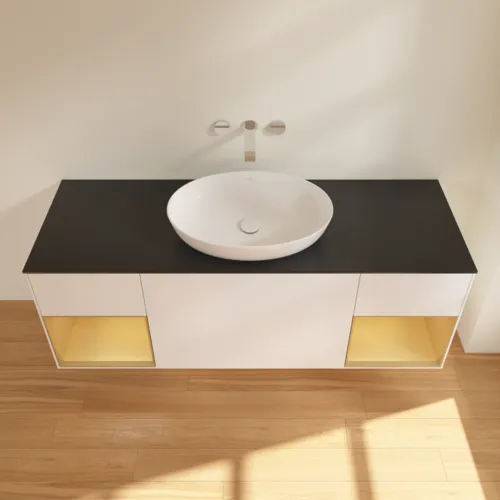 Bild von VILLEROY BOCH Finion Waschbeckenunterschrank, mit Beleuchtung, 4 Auszüge, 1600 x 603 x 501 mm, White Matt Lacquer / Gold Matt Lacquer / Glass Black Matt #GD02HFMT