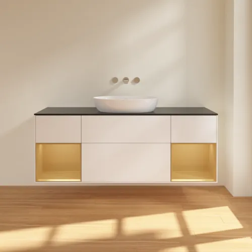 Bild von VILLEROY BOCH Finion Waschbeckenunterschrank, mit Beleuchtung, 4 Auszüge, 1600 x 603 x 501 mm, White Matt Lacquer / Gold Matt Lacquer / Glass Black Matt #GD02HFMT