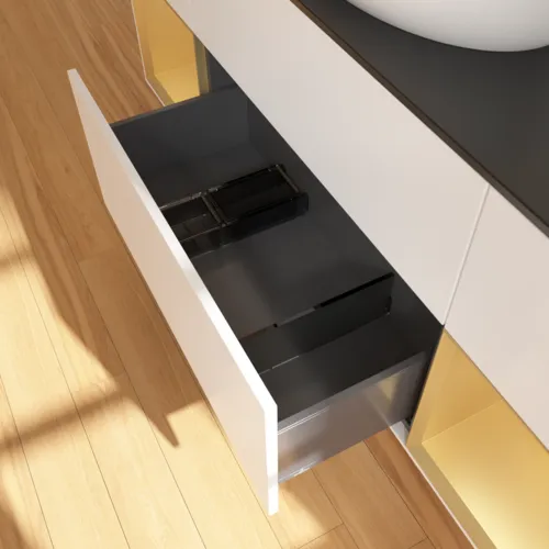 Bild von VILLEROY BOCH Finion Waschbeckenunterschrank, mit Beleuchtung, 4 Auszüge, 1600 x 603 x 501 mm, White Matt Lacquer / Gold Matt Lacquer / Glass Black Matt #GD02HFMT