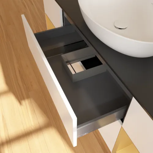 Bild von VILLEROY BOCH Finion Waschbeckenunterschrank, mit Beleuchtung, 4 Auszüge, 1600 x 603 x 501 mm, White Matt Lacquer / Gold Matt Lacquer / Glass Black Matt #GD02HFMT