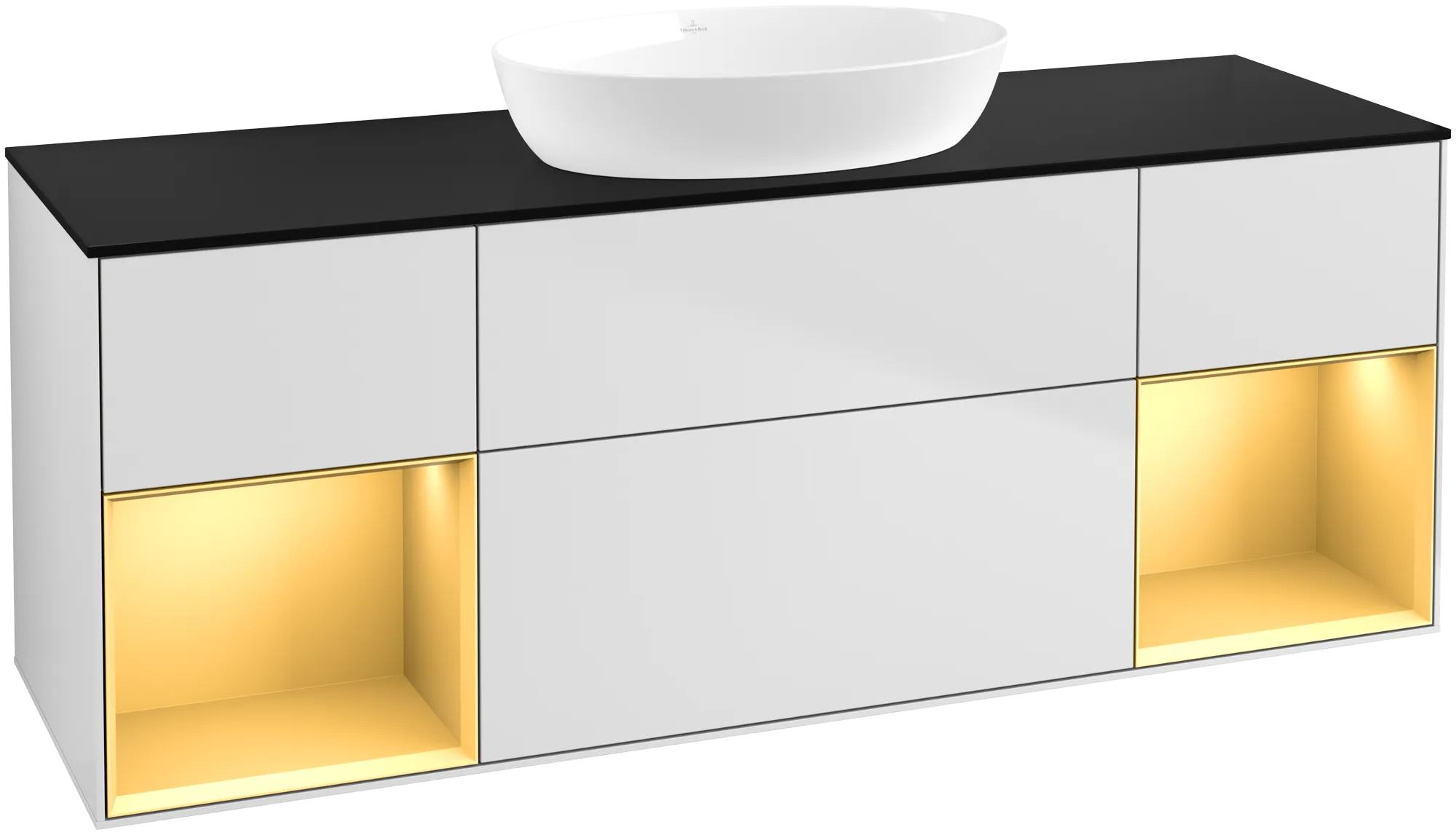 Picture of VILLEROY BOCH Finion Vanity unit, with lighting, 4 pull-out compartments, 1600 x 603 x 501 mm, White Matt Lacquer / Gold Matt Lacquer / Glass Black Matt #GD02HFMT