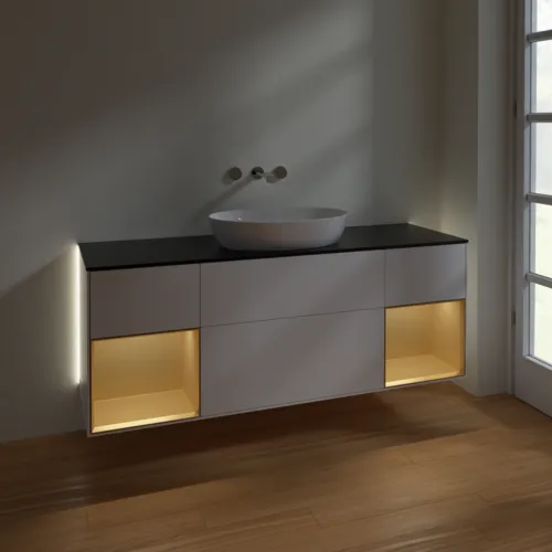 Bild von VILLEROY BOCH Finion Waschbeckenunterschrank, mit Beleuchtung, 4 Auszüge, 1600 x 603 x 501 mm, White Matt Lacquer / Gold Matt Lacquer / Glass Black Matt #GD02HFMT