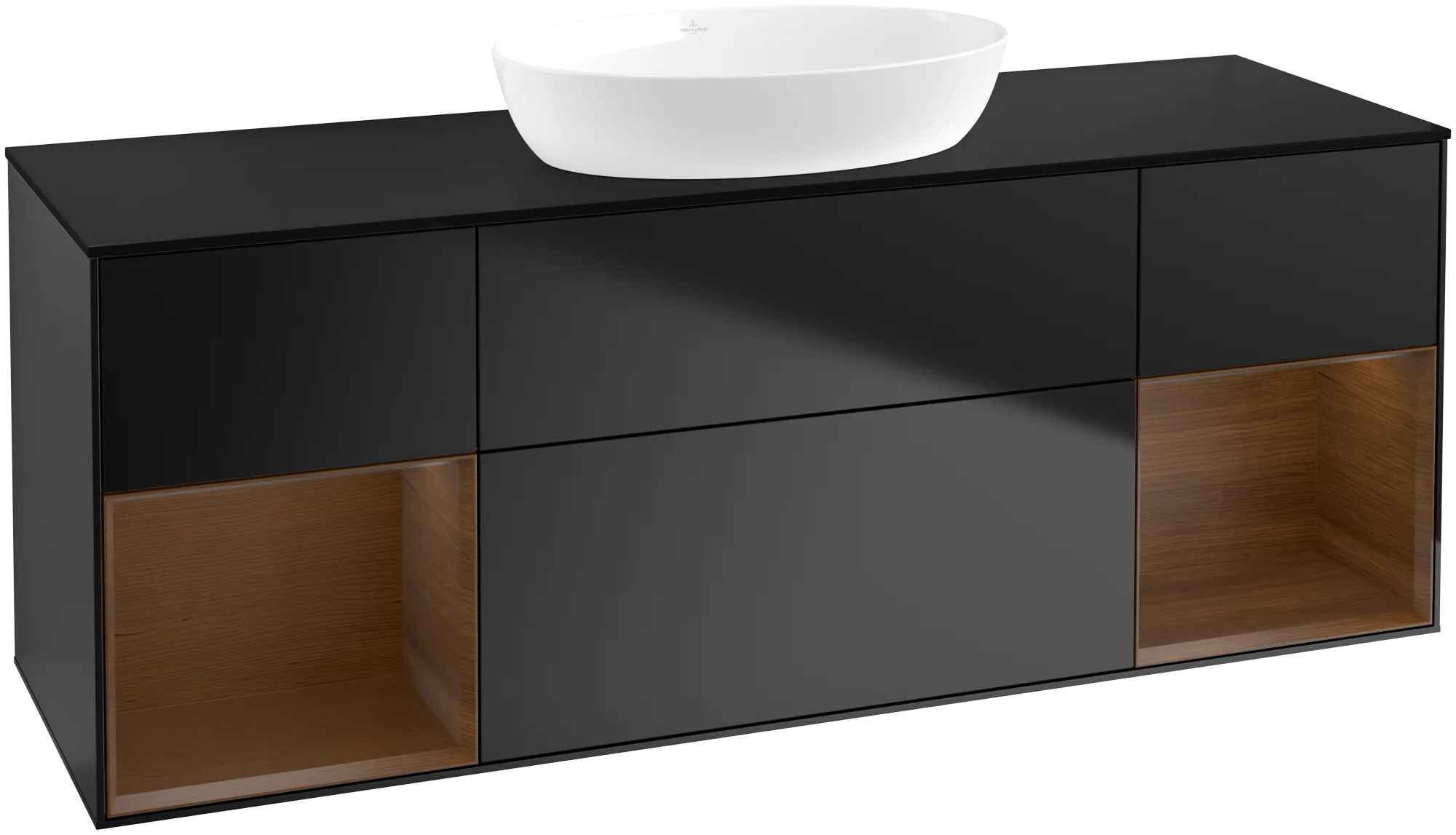 Picture of VILLEROY BOCH Finion Vanity unit, with lighting, 4 pull-out compartments, 1600 x 603 x 501 mm, Black Matt Lacquer / Walnut Veneer / Glass Black Matt #GD02GNPD
