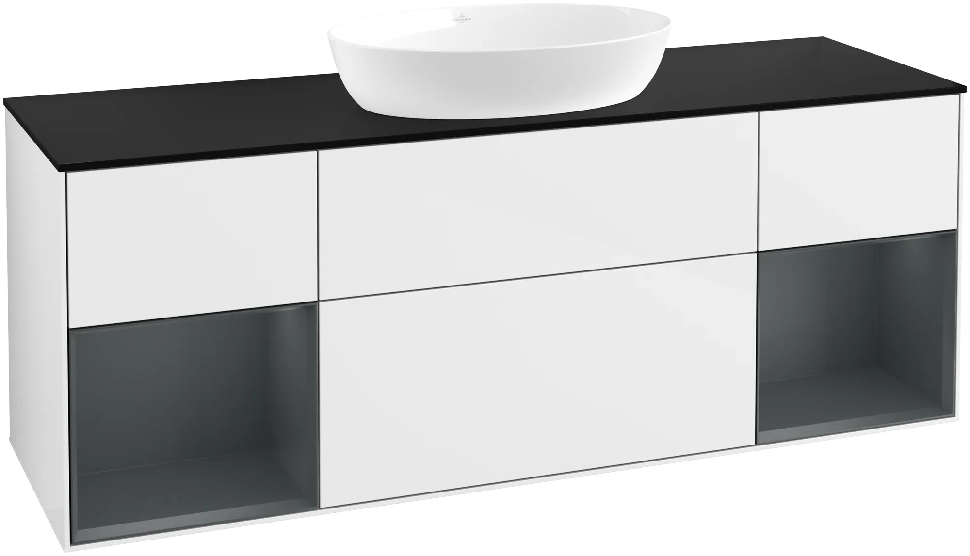 Picture of VILLEROY BOCH Finion Vanity unit, with lighting, 4 pull-out compartments, 1600 x 603 x 501 mm, Glossy White Lacquer / Midnight Blue Matt Lacquer / Glass Black Matt #GD02HGGF