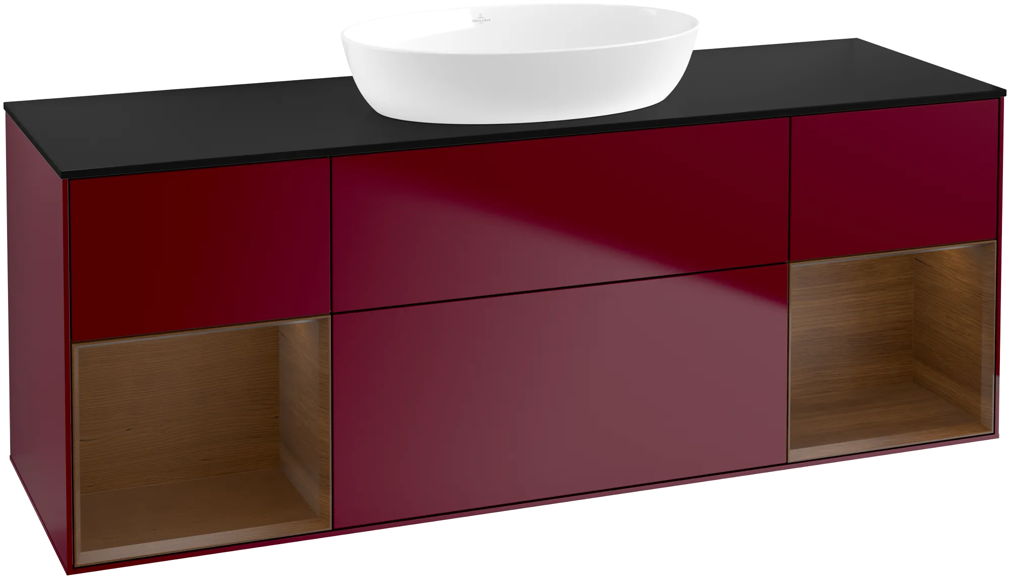 Picture of VILLEROY BOCH Finion Vanity unit, with lighting, 4 pull-out compartments, 1600 x 603 x 501 mm, Peony Matt Lacquer / Walnut Veneer / Glass Black Matt #GD02GNHB