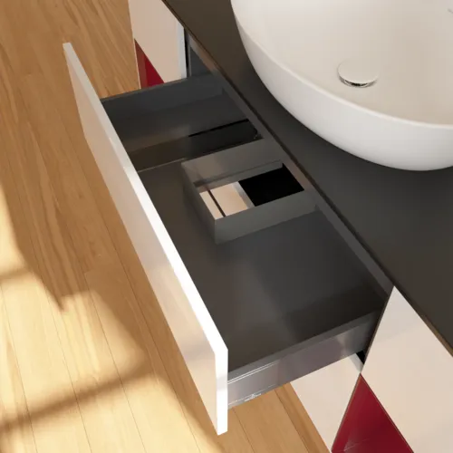 Bild von VILLEROY BOCH Finion Waschbeckenunterschrank, mit Beleuchtung, 4 Auszüge, 1600 x 603 x 501 mm, Glossy White Lacquer / Peony Matt Lacquer / Glass Black Matt #GD02HBGF