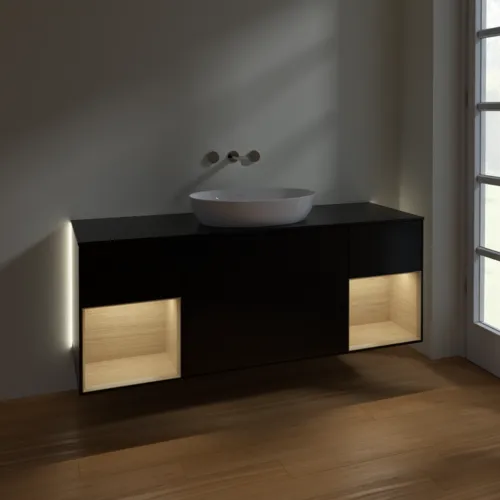Bild von VILLEROY BOCH Finion Waschbeckenunterschrank, mit Beleuchtung, 4 Auszüge, 1600 x 603 x 501 mm, Black Matt Lacquer / Oak Veneer / Glass Black Matt #GD02PCPD