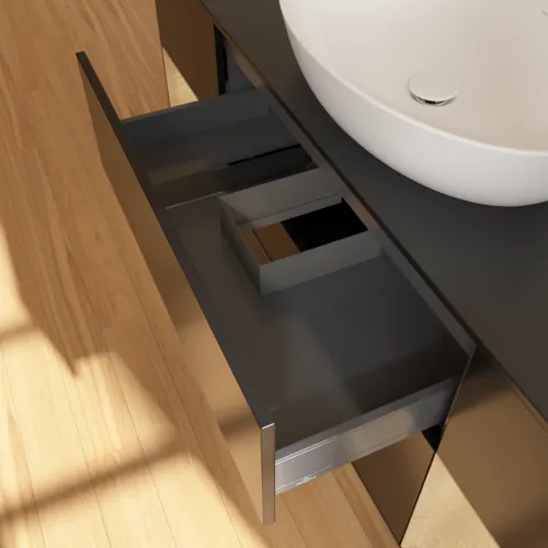 Bild von VILLEROY BOCH Finion Waschbeckenunterschrank, mit Beleuchtung, 4 Auszüge, 1600 x 603 x 501 mm, Black Matt Lacquer / Oak Veneer / Glass Black Matt #GD02PCPD