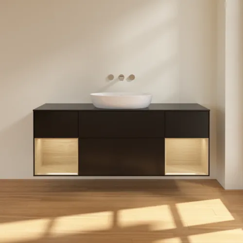 Bild von VILLEROY BOCH Finion Waschbeckenunterschrank, mit Beleuchtung, 4 Auszüge, 1600 x 603 x 501 mm, Black Matt Lacquer / Oak Veneer / Glass Black Matt #GD02PCPD