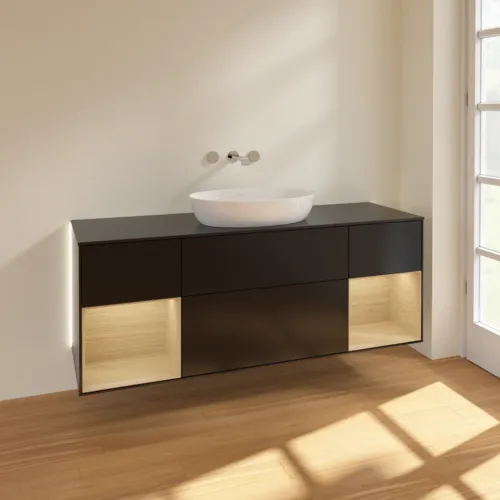Bild von VILLEROY BOCH Finion Waschbeckenunterschrank, mit Beleuchtung, 4 Auszüge, 1600 x 603 x 501 mm, Black Matt Lacquer / Oak Veneer / Glass Black Matt #GD02PCPD