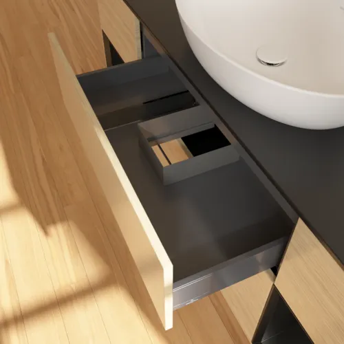 Bild von VILLEROY BOCH Finion Waschbeckenunterschrank, mit Beleuchtung, 4 Auszüge, 1600 x 603 x 501 mm, Oak Veneer / Black Matt Lacquer / Glass Black Matt #GD02PDPC