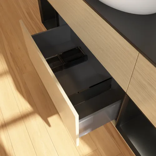 Bild von VILLEROY BOCH Finion Waschbeckenunterschrank, mit Beleuchtung, 4 Auszüge, 1600 x 603 x 501 mm, Oak Veneer / Black Matt Lacquer / Glass Black Matt #GD02PDPC