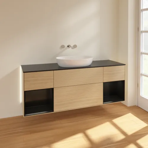 Bild von VILLEROY BOCH Finion Waschbeckenunterschrank, mit Beleuchtung, 4 Auszüge, 1600 x 603 x 501 mm, Oak Veneer / Black Matt Lacquer / Glass Black Matt #GD02PDPC