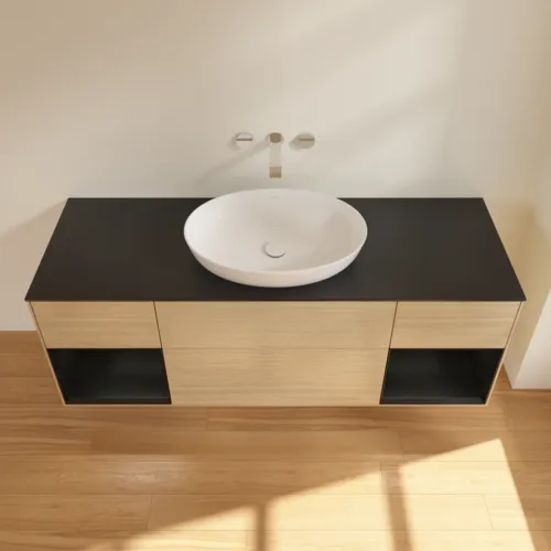 Bild von VILLEROY BOCH Finion Waschbeckenunterschrank, mit Beleuchtung, 4 Auszüge, 1600 x 603 x 501 mm, Oak Veneer / Black Matt Lacquer / Glass Black Matt #GD02PDPC