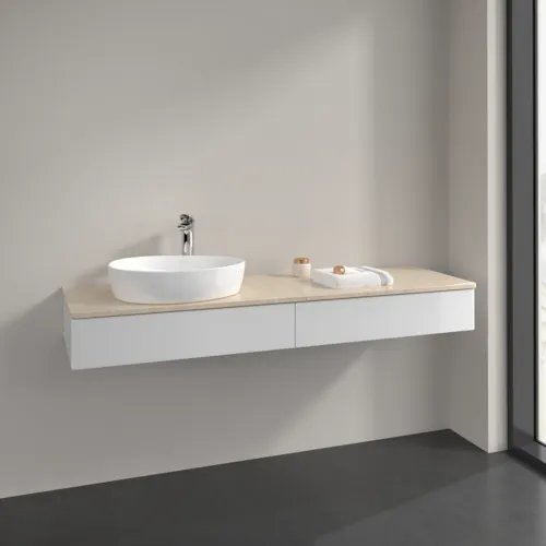 Bild von VILLEROY BOCH Antao Waschbeckenunterschrank, 2 Auszüge, 1600 x 190 x 500 mm, Front ohne Struktur, Glossy White Lacquer / Botticino #K15053GF