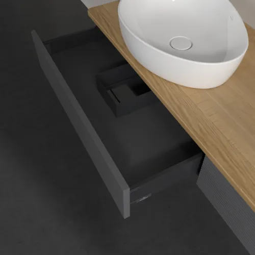 Picture of VILLEROY BOCH Antao Vanity unit, 2 pull-out compartments, 1600 x 190 x 500 mm, Front with grain texture, Anthracite Matt Lacquer / Honey Oak #K15111GK