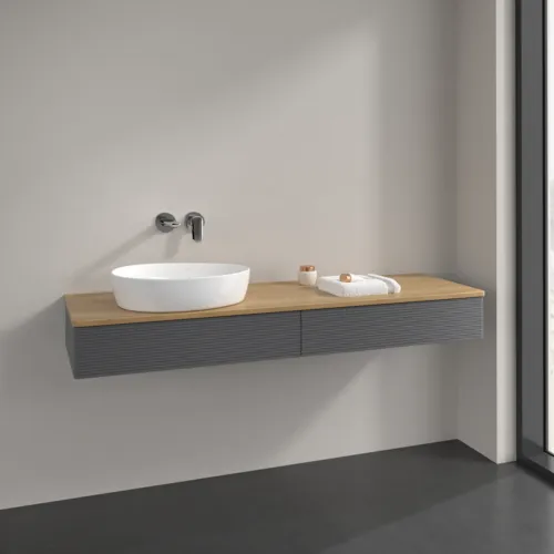 Picture of VILLEROY BOCH Antao Vanity unit, 2 pull-out compartments, 1600 x 190 x 500 mm, Front with grain texture, Anthracite Matt Lacquer / Honey Oak #K15111GK