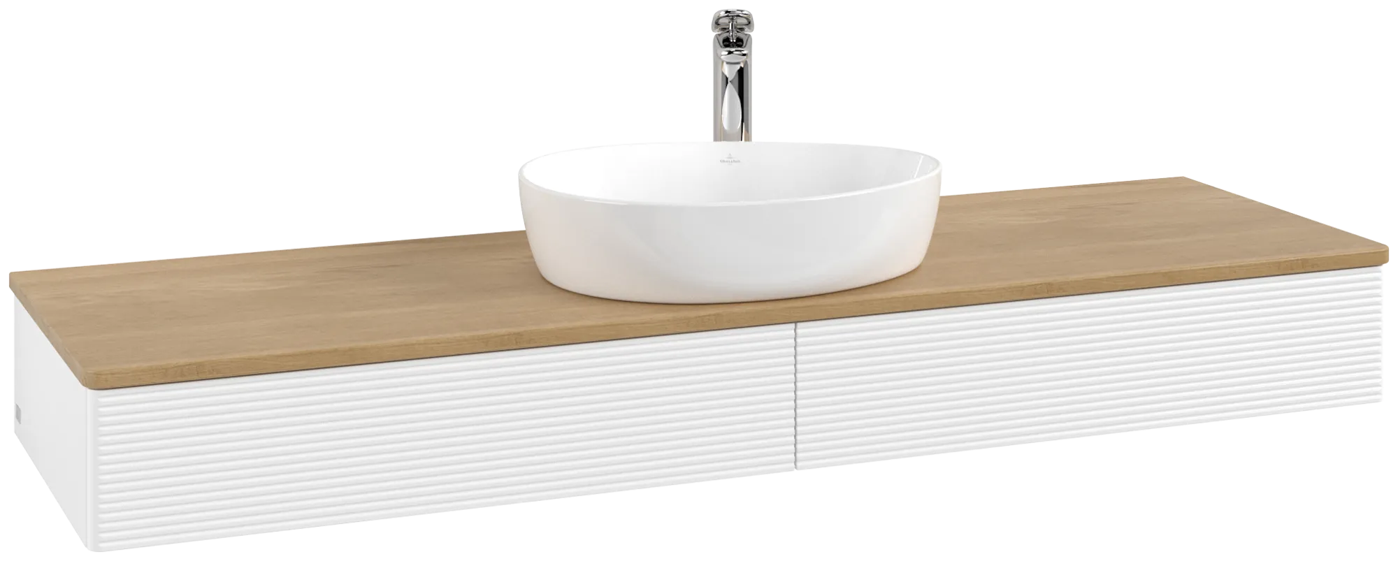 Зображення з  VILLEROY BOCH Antao Vanity unit, 2 pull-out compartments, 1600 x 190 x 500 mm, Front with grain texture, White Matt Lacquer / Honey Oak #K14151MT