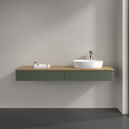 Bild von VILLEROY BOCH Antao Waschbeckenunterschrank, 2 Auszüge, 1600 x 190 x 500 mm, Front mit Struktur, Leaf Green Matt Lacquer / Honey Oak #K16151HL