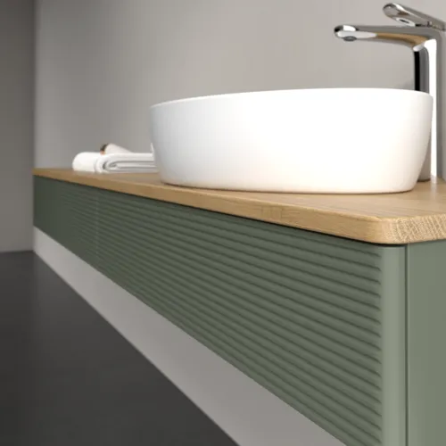 Bild von VILLEROY BOCH Antao Waschbeckenunterschrank, 2 Auszüge, 1600 x 190 x 500 mm, Front mit Struktur, Leaf Green Matt Lacquer / Honey Oak #K16151HL