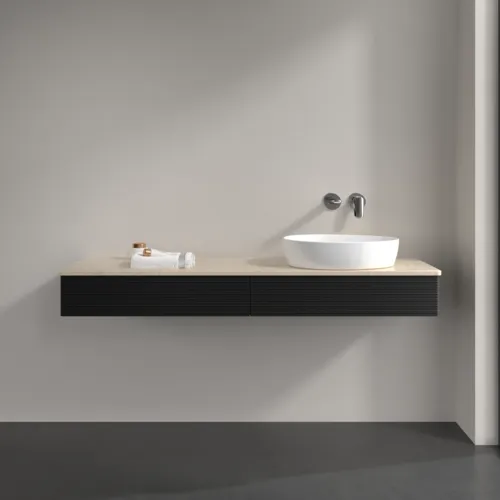 Bild von VILLEROY BOCH Antao Waschbeckenunterschrank, 2 Auszüge, 1600 x 190 x 500 mm, Front mit Struktur, Black Matt Lacquer / Botticino #K16113PD