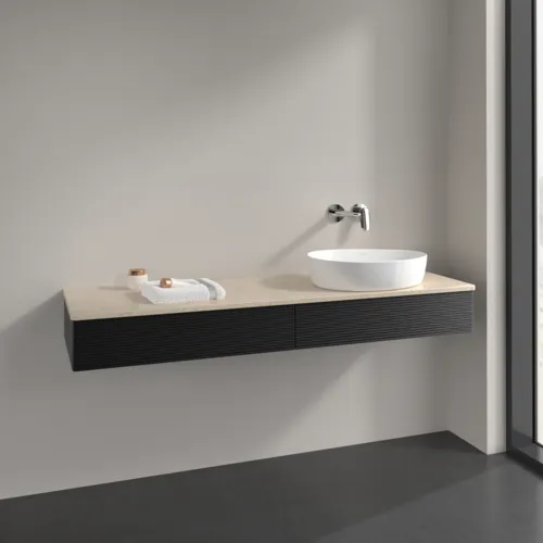 Bild von VILLEROY BOCH Antao Waschbeckenunterschrank, 2 Auszüge, 1600 x 190 x 500 mm, Front mit Struktur, Black Matt Lacquer / Botticino #K16113PD
