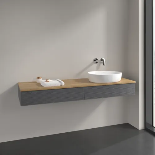 Bild von VILLEROY BOCH Antao Waschbeckenunterschrank, 2 Auszüge, 1600 x 190 x 500 mm, Front mit Struktur, Anthracite Matt Lacquer / Honey Oak #K16111GK