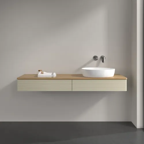 Bild von VILLEROY BOCH Antao Waschbeckenunterschrank, 2 Auszüge, 1600 x 190 x 500 mm, Front mit Struktur, Silk Grey Matt Lacquer / Honey Oak #K16111HJ