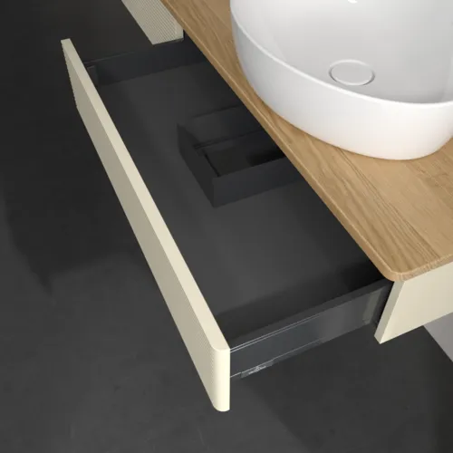 Bild von VILLEROY BOCH Antao Waschbeckenunterschrank, 2 Auszüge, 1600 x 190 x 500 mm, Front mit Struktur, Silk Grey Matt Lacquer / Honey Oak #K16111HJ