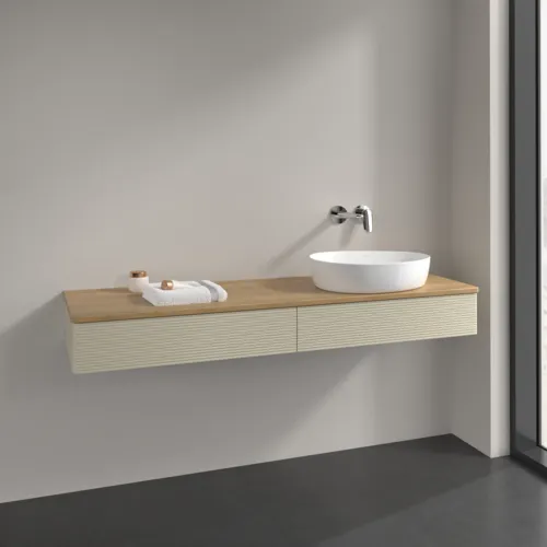 Bild von VILLEROY BOCH Antao Waschbeckenunterschrank, 2 Auszüge, 1600 x 190 x 500 mm, Front mit Struktur, Silk Grey Matt Lacquer / Honey Oak #K16111HJ