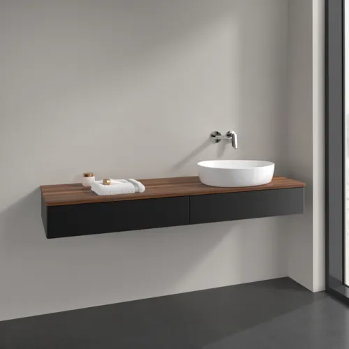 Bild von VILLEROY BOCH Antao Waschbeckenunterschrank, 2 Auszüge, 1600 x 190 x 500 mm, Front ohne Struktur, Black Matt Lacquer / Warm Walnut #K16012PD