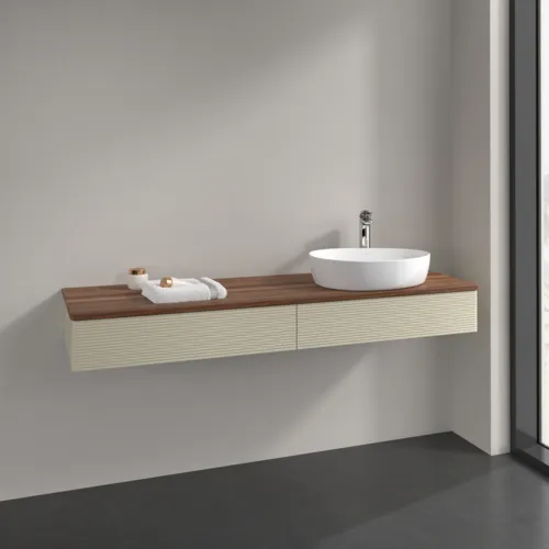Bild von VILLEROY BOCH Antao Waschbeckenunterschrank, 2 Auszüge, 1600 x 190 x 500 mm, Front mit Struktur, Silk Grey Matt Lacquer / Warm Walnut #K16152HJ