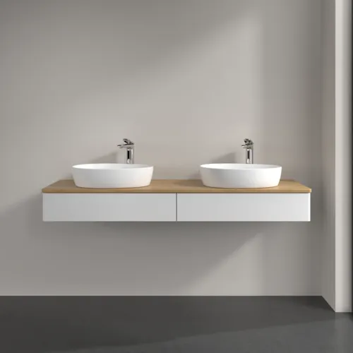 Picture of VILLEROY BOCH Antao Vanity unit, 2 pull-out compartments, 1600 x 190 x 500 mm, Front without structure, Glossy White Lacquer / Honey Oak #K17051GF
