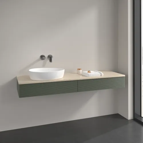 Bild von VILLEROY BOCH Antao Waschbeckenunterschrank, 2 Auszüge, 1600 x 190 x 500 mm, Front mit Struktur, Leaf Green Matt Lacquer / Botticino #K15113HL