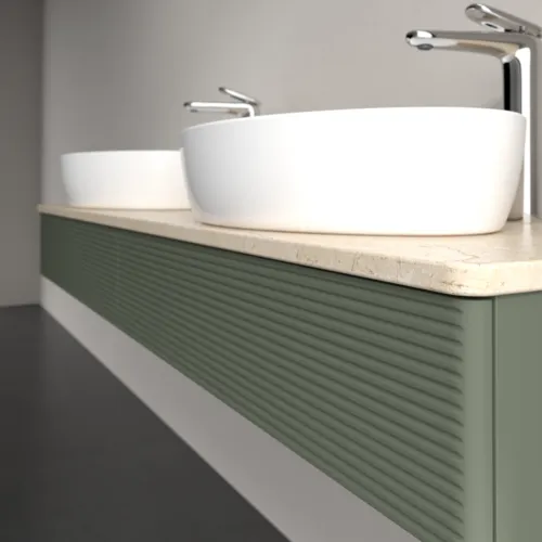 Bild von VILLEROY BOCH Antao Waschbeckenunterschrank, 2 Auszüge, 1600 x 190 x 500 mm, Front mit Struktur, Leaf Green Matt Lacquer / Botticino #K17153HL