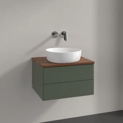 Bild von VILLEROY BOCH Antao Waschbeckenunterschrank, 2 Auszüge, 600 x 360 x 500 mm, Front mit Struktur, Leaf Green Matt Lacquer / Warm Walnut #K18112HL