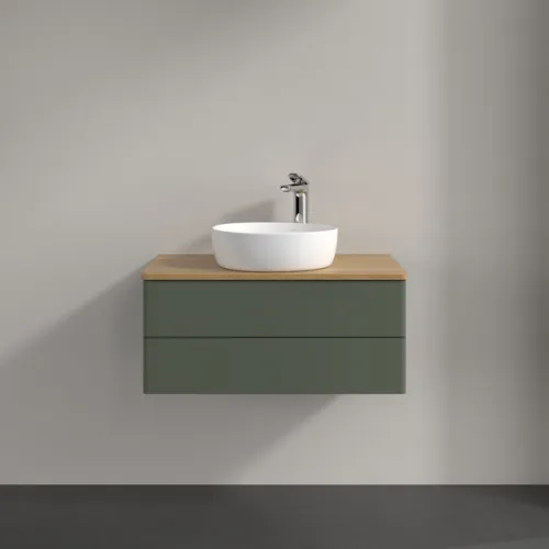 Bild von VILLEROY BOCH Antao Waschbeckenunterschrank, 2 Auszüge, 800 x 360 x 500 mm, Front ohne Struktur, Leaf Green Matt Lacquer / Honey Oak #K19051HL