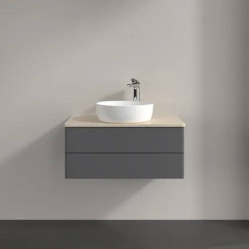 Bild von VILLEROY BOCH Antao Waschbeckenunterschrank, 2 Auszüge, 800 x 360 x 500 mm, Front ohne Struktur, Anthracite Matt Lacquer / Botticino #K19053GK