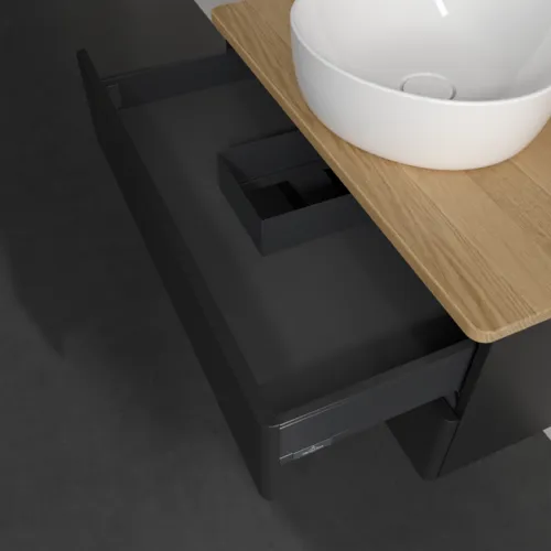 Bild von VILLEROY BOCH Antao Waschbeckenunterschrank, 2 Auszüge, 800 x 360 x 500 mm, Front ohne Struktur, Black Matt Lacquer / Honey Oak #K19051PD