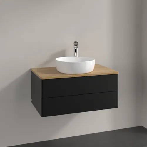 Bild von VILLEROY BOCH Antao Waschbeckenunterschrank, 2 Auszüge, 800 x 360 x 500 mm, Front ohne Struktur, Black Matt Lacquer / Honey Oak #K19051PD