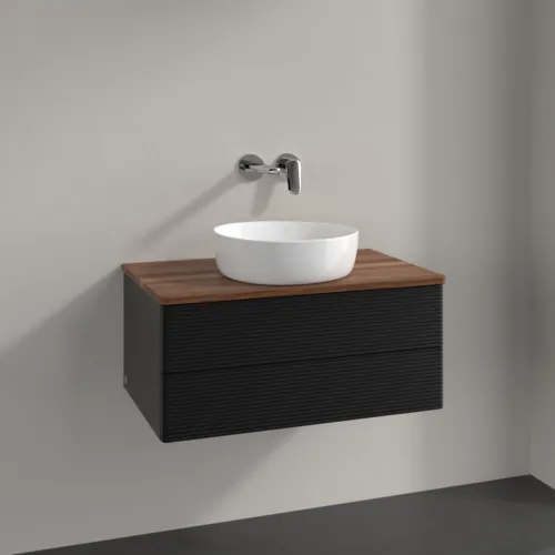 Bild von VILLEROY BOCH Antao Waschbeckenunterschrank, 2 Auszüge, 800 x 360 x 500 mm, Front mit Struktur, Black Matt Lacquer / Warm Walnut #K19112PD