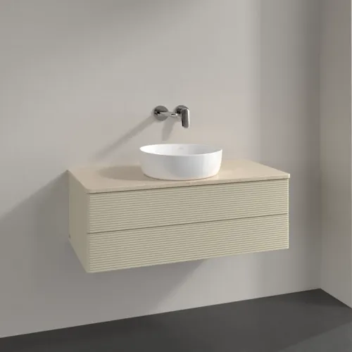 Bild von VILLEROY BOCH Antao Waschbeckenunterschrank, 2 Auszüge, 1000 x 360 x 500 mm, Front mit Struktur, Silk Grey Matt Lacquer / Botticino #K20113HJ