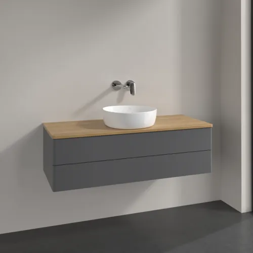 Bild von VILLEROY BOCH Antao Waschbeckenunterschrank, 2 Auszüge, 1200 x 360 x 500 mm, Front ohne Struktur, Anthracite Matt Lacquer / Honey Oak #K21011GK