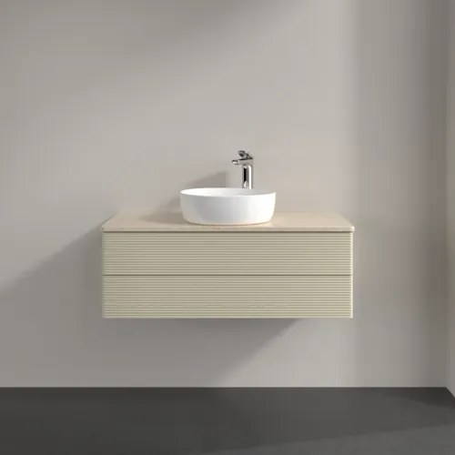 Picture of VILLEROY BOCH Antao Vanity unit, 2 pull-out compartments, 1000 x 360 x 500 mm, Front with grain texture, Silk Grey Matt Lacquer / Botticino #K20153HJ