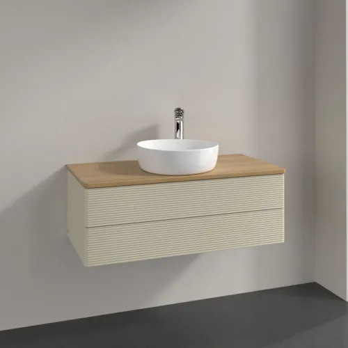 Picture of VILLEROY BOCH Antao Vanity unit, 2 pull-out compartments, 1000 x 360 x 500 mm, Front with grain texture, Silk Grey Matt Lacquer / Honey Oak #K20151HJ